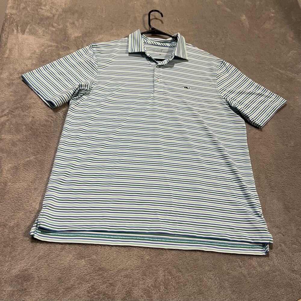 Vineyard Vines Polo Shirt Mens Medium Blue Green Stripe Golf Performance Stretch
